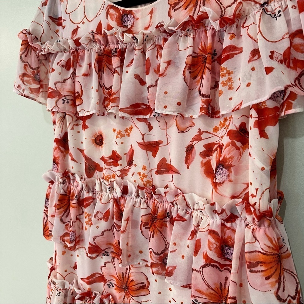 Badgley Mischka Tiered Ruffle Floral Dress Pink Mini Size 10 RTR Designer - Picture 8 of 14